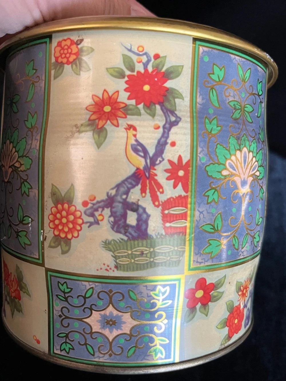 Vintage Floral Colorful Made in England Metal Container Jar With Lid